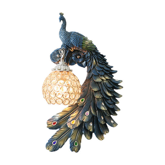 Peacock Wall Sconce - Single Head Cottage White/Red/Blue Resin Light Fixture With Crystal Shade