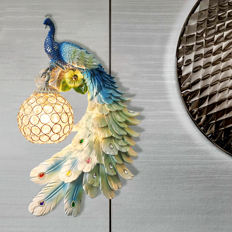 Peacock Wall Sconce - Single Head Cottage White/Red/Blue Resin Light Fixture With Crystal Shade