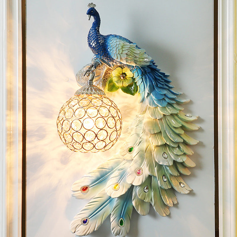 Peacock Wall Sconce - Single Head Cottage White/Red/Blue Resin Light Fixture With Crystal Shade