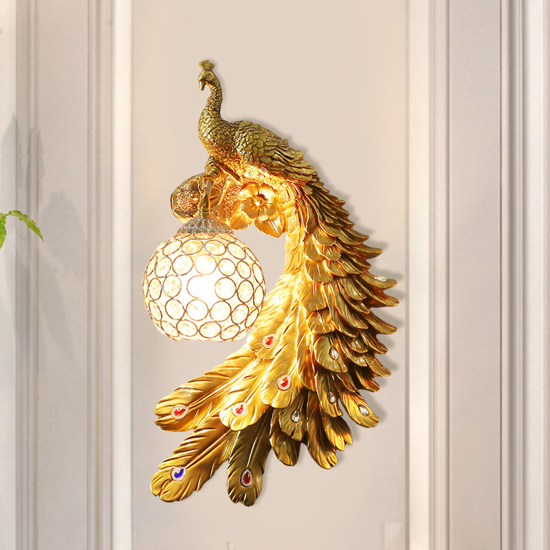 Peacock Wall Sconce - Single Head Cottage White/Red/Blue Resin Light Fixture With Crystal Shade