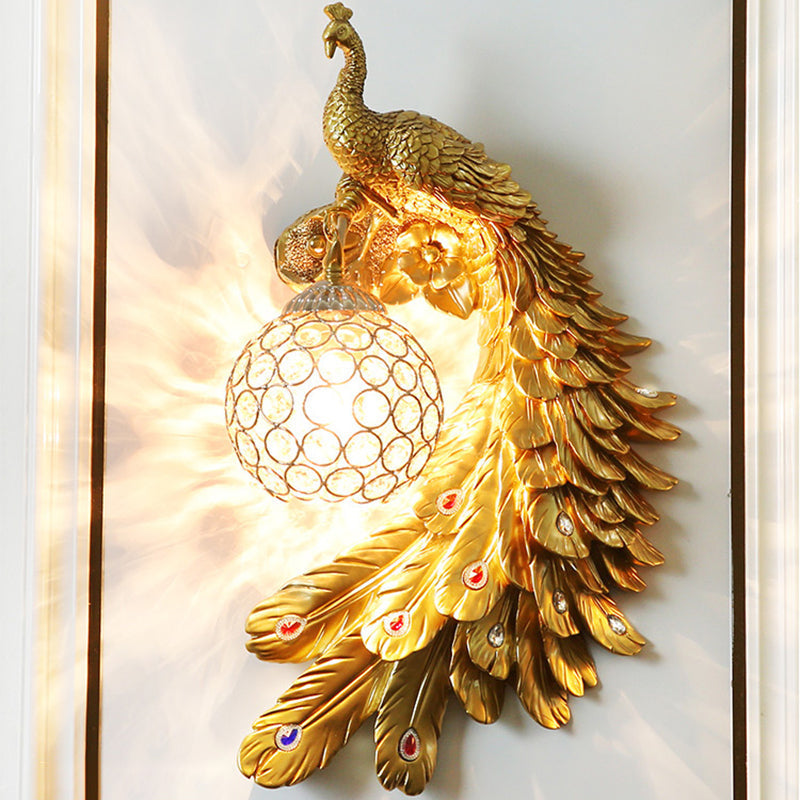 Peacock Wall Sconce - Single Head Cottage White/Red/Blue Resin Light Fixture With Crystal Shade