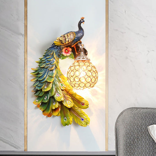 Peacock Wall Sconce - Single Head Cottage White/Red/Blue Resin Light Fixture With Crystal Shade