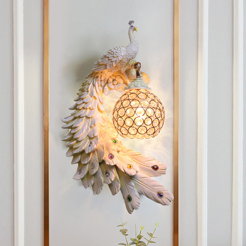 Peacock Wall Sconce - Single Head Cottage White/Red/Blue Resin Light Fixture With Crystal Shade