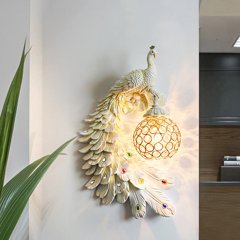 Peacock Wall Sconce - Single Head Cottage White/Red/Blue Resin Light Fixture With Crystal Shade