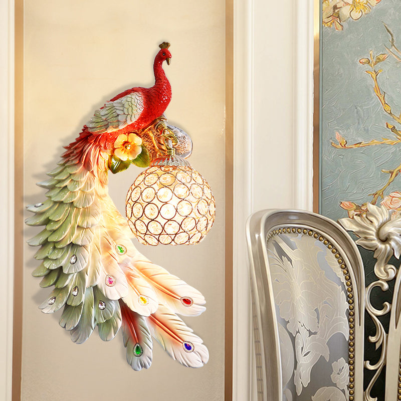 Peacock Wall Sconce - Single Head Cottage White/Red/Blue Resin Light Fixture With Crystal Shade