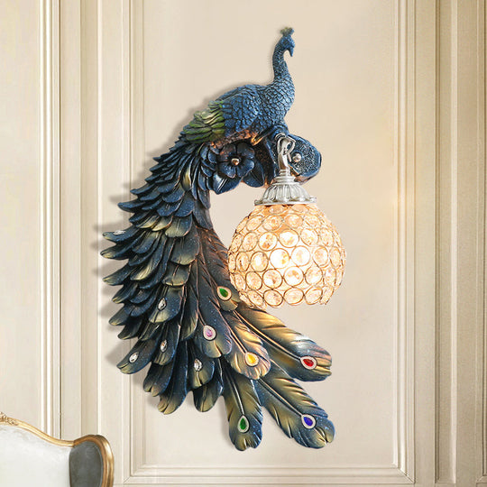 Peacock Wall Sconce - Single Head Cottage White/Red/Blue Resin Light Fixture With Crystal Shade