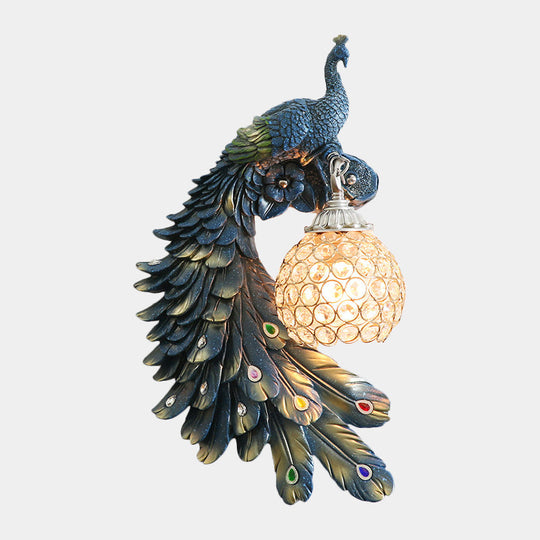 Peacock Wall Sconce - Single Head Cottage White/Red/Blue Resin Light Fixture With Crystal Shade