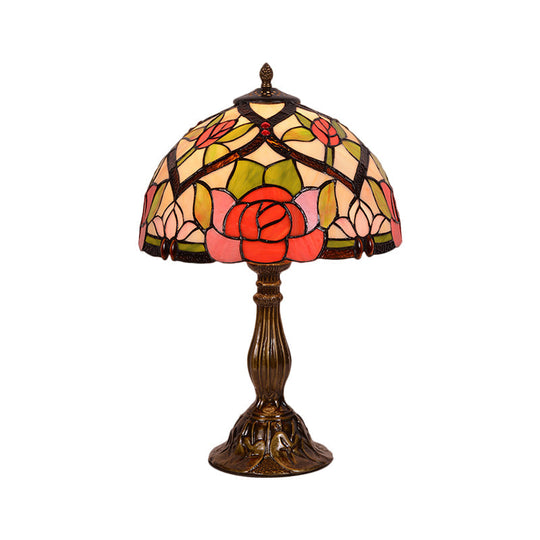 Alrai - Victorian Bloom Night Lighting Stained Glass 1 Light Brass Finish Nightstand Lamp With Bowl