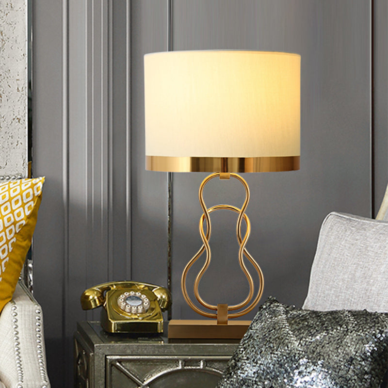 Vintage Brass Task Lamp With Fabric Drum Shade & Gourd Base - Nightstand Lighting