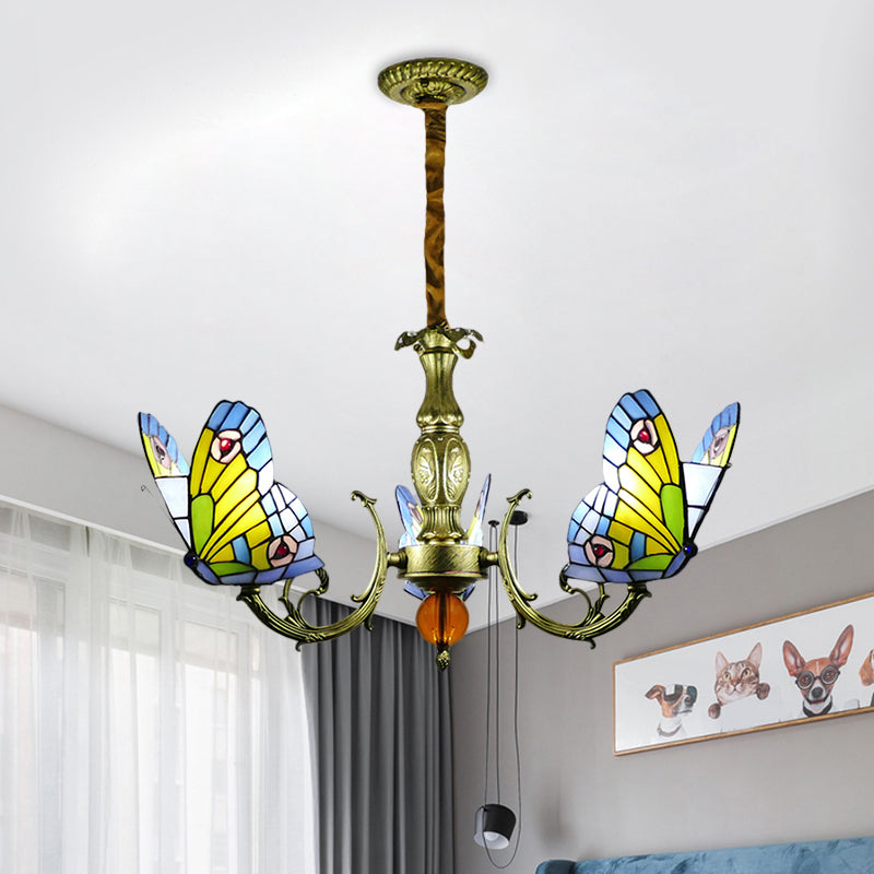 Stained Glass Butterfly Chandelier: Orange Yellow & Green Colors 3/5 Bulbs Perfect For Bedroom