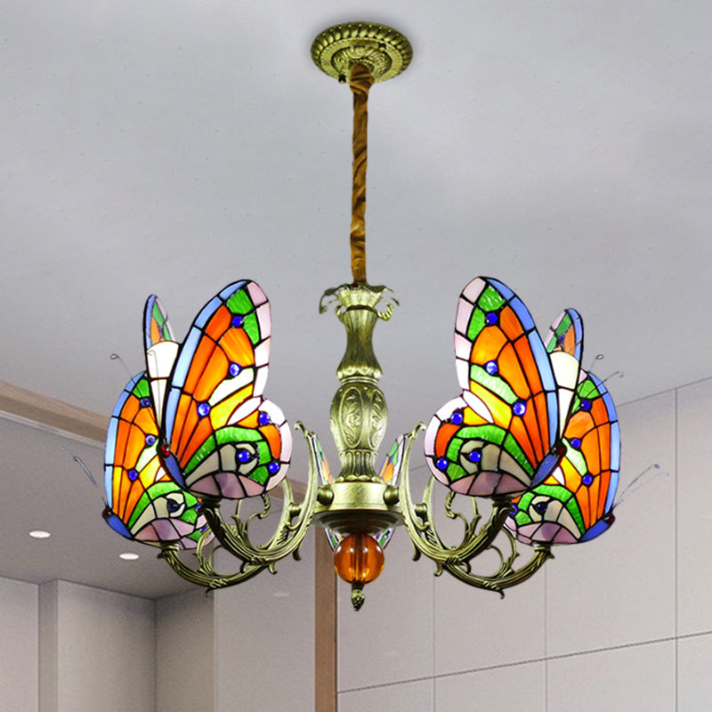 Stained Glass Butterfly Chandelier: Orange Yellow & Green Colors 3/5 Bulbs Perfect For Bedroom