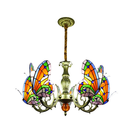 Stained Glass Butterfly Chandelier: Orange Yellow & Green Colors 3/5 Bulbs Perfect For Bedroom
