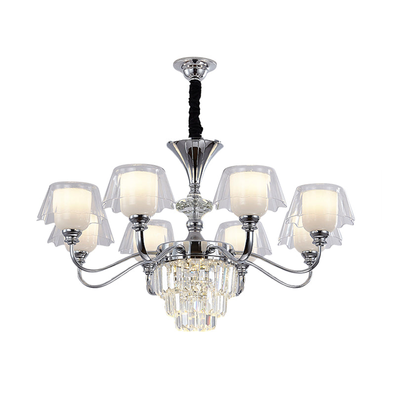 Layered Chandelier Minimalist Crystal Block Pendant - Chrome Ceiling Lighting With Clear Glass