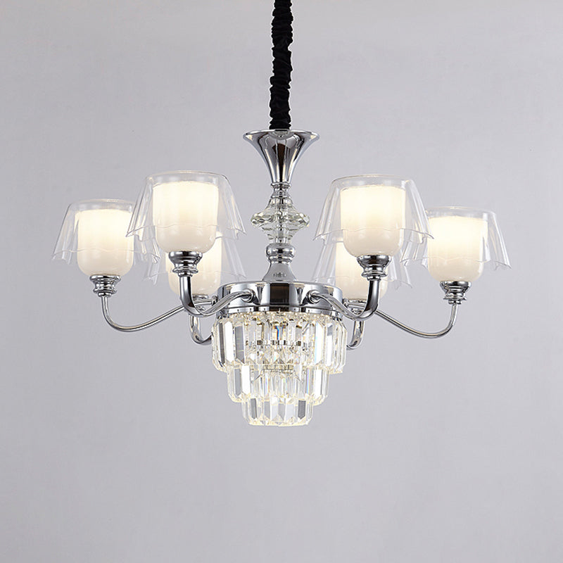 Layered Chandelier Minimalist Crystal Block Pendant - Chrome Ceiling Lighting With Clear Glass