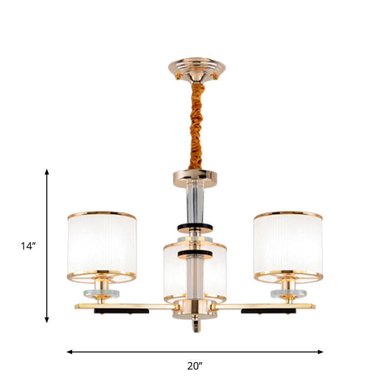 Simplicity Gold Chandelier Light With Opal Glass Shade - 3 Heads Drum Pendant For Drawing Room