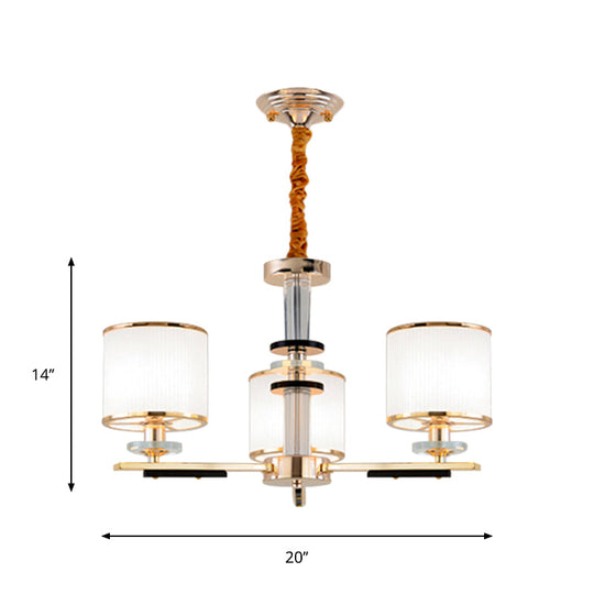 Simplicity Gold Chandelier Light With Opal Glass Shade - 3 Heads Drum Pendant For Drawing Room