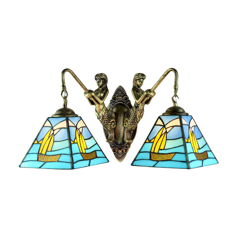 Mediterranean Blue Glass Sailboat Sconce Lighting - Antique Brass Wall Mount 2 Heads