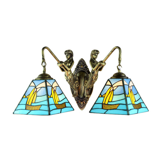 Mediterranean Blue Glass Sailboat Sconce Lighting - Antique Brass Wall Mount 2 Heads