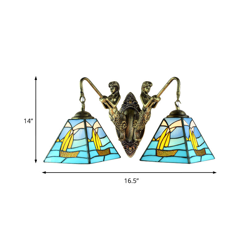 Mediterranean Blue Glass Sailboat Sconce Lighting - Antique Brass Wall Mount 2 Heads