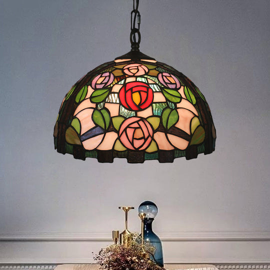 Stained Glass Rose Pattern Pendant Light With Green Bulb And Dome Shade - Mediterranean Style