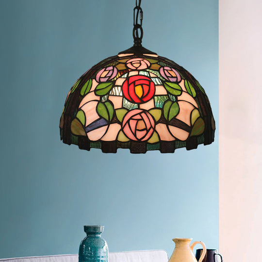 Stained Glass Rose Pattern Pendant Light With Dome Shade - Mediterranean Style