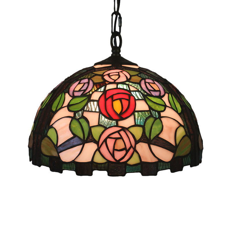 Stained Glass Rose Pattern Pendant Light With Dome Shade - Mediterranean Style