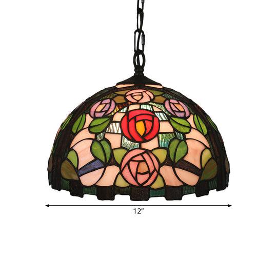 Stained Glass Rose Pattern Pendant Light With Dome Shade - Mediterranean Style