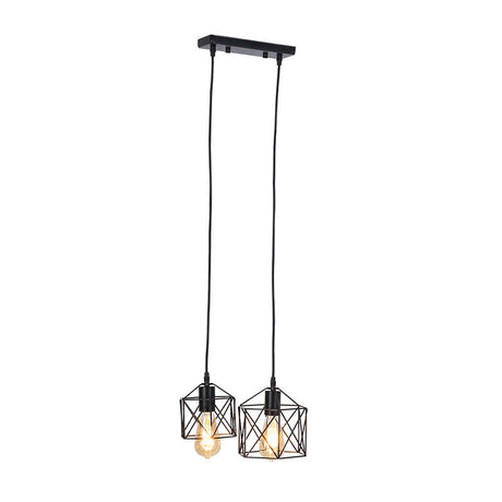 Hexagon Frame Multi Pendant Retro Style Black Metal Ceiling Hang Fixture With 2 Lights
