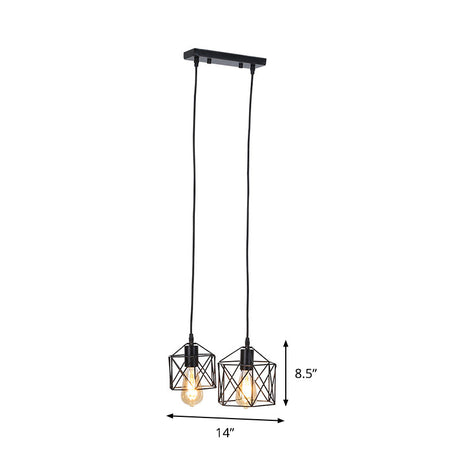 Hexagon Frame Multi Pendant Retro Style Black Metal Ceiling Hang Fixture With 2 Lights