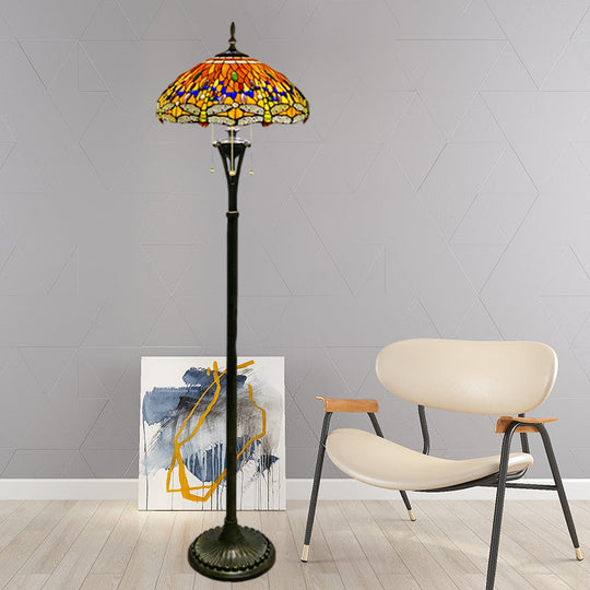 Dragonfly Reading Floor Lamp - Stained Glass Baroque Design 3 Heads Yellow/Blue/Green Pull Chain