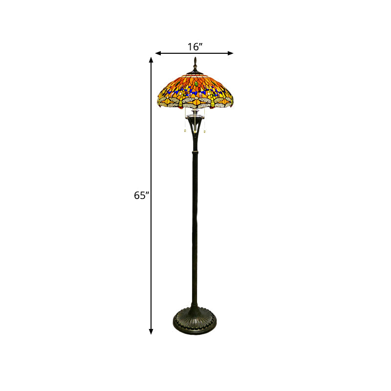 Dragonfly Reading Floor Lamp - Stained Glass Baroque Design 3 Heads Yellow/Blue/Green Pull Chain