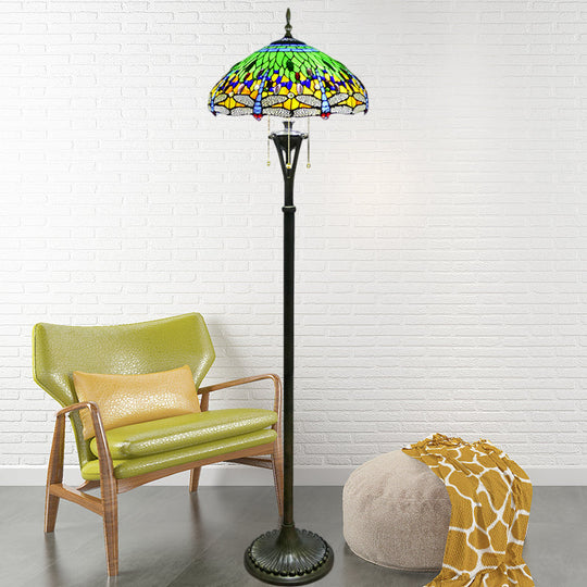 Dragonfly Reading Floor Lamp - Stained Glass Baroque Design 3 Heads Yellow/Blue/Green Pull Chain