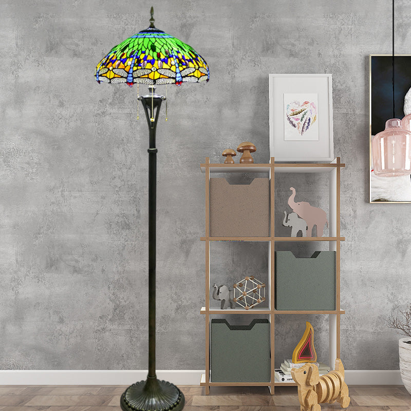 Dragonfly Reading Floor Lamp - Stained Glass Baroque Design 3 Heads Yellow/Blue/Green Pull Chain