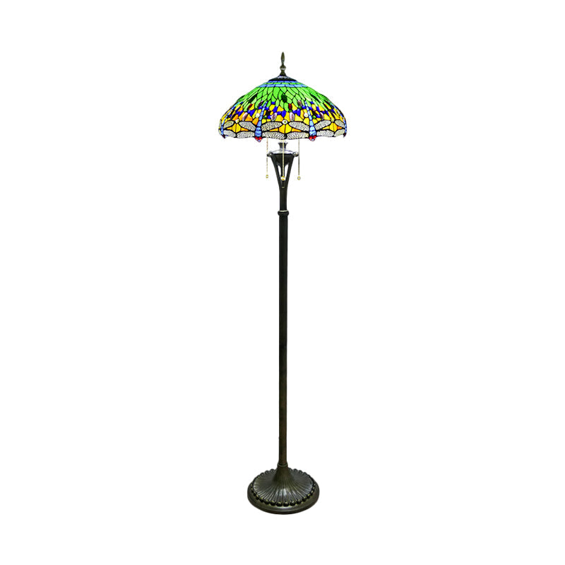 Dragonfly Reading Floor Lamp - Stained Glass Baroque Design 3 Heads Yellow/Blue/Green Pull Chain