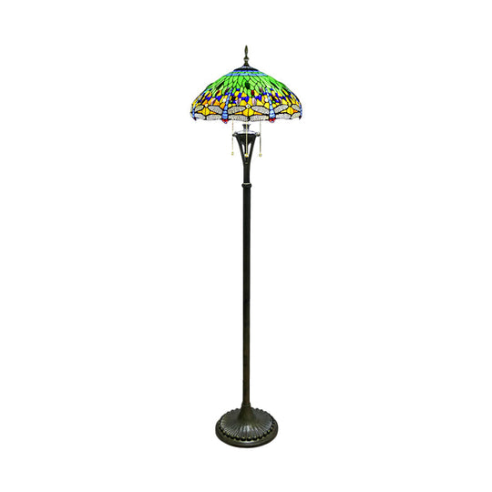 Dragonfly Reading Floor Lamp - Stained Glass Baroque Design 3 Heads Yellow/Blue/Green Pull Chain