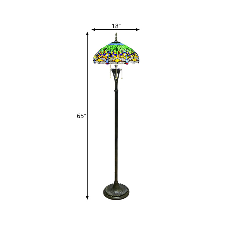 Dragonfly Reading Floor Lamp - Stained Glass Baroque Design 3 Heads Yellow/Blue/Green Pull Chain
