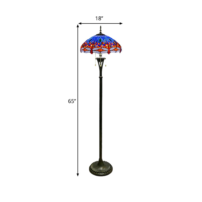 Dragonfly Reading Floor Lamp - Stained Glass Baroque Design 3 Heads Yellow/Blue/Green Pull Chain