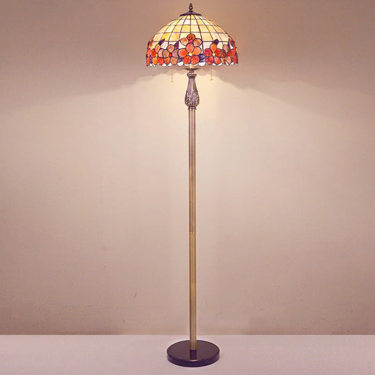 Shell Red Floor Lamp: Mediterranean Stand Up Light With Lattice Bowl And Flower Pattern - 2 Lights