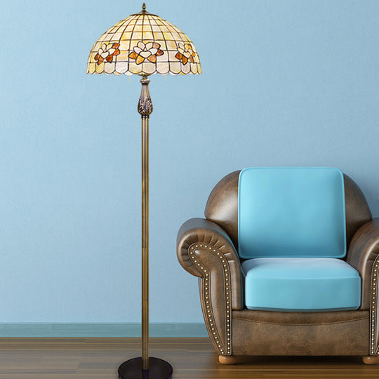 Victorian White Floral Patterned 2-Head Standing Floor Light With Bowl Shell Shade - Ideal For