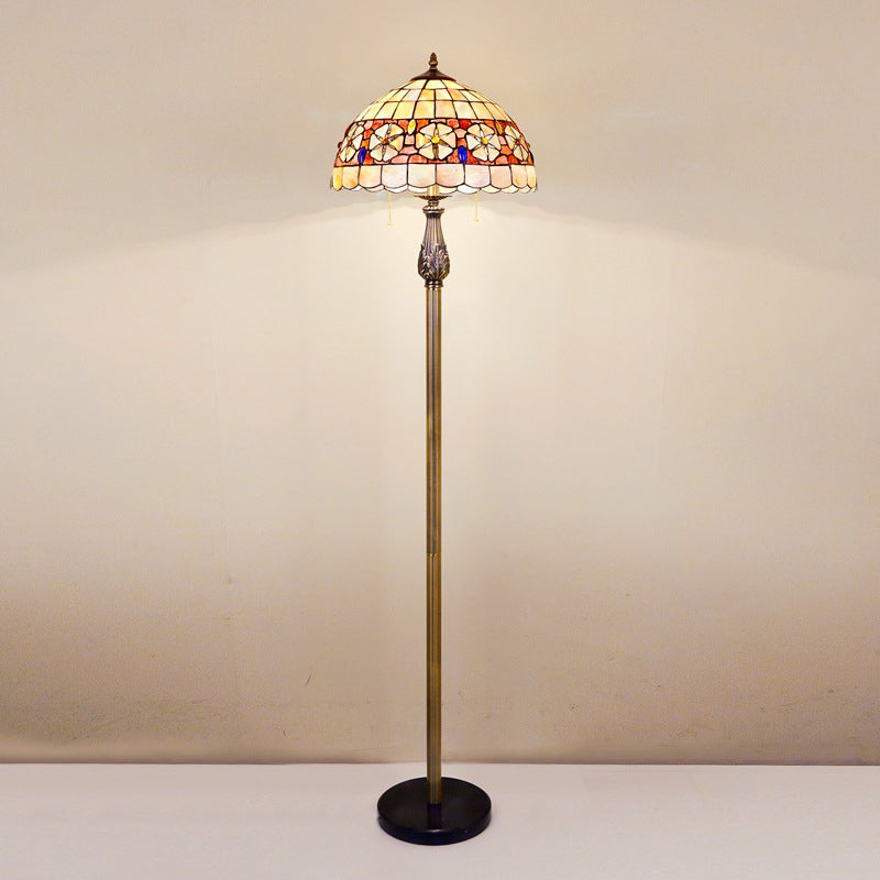 Red Floral Tiffany Shell Scalloped Dome Floor Lamp With 2 Heads