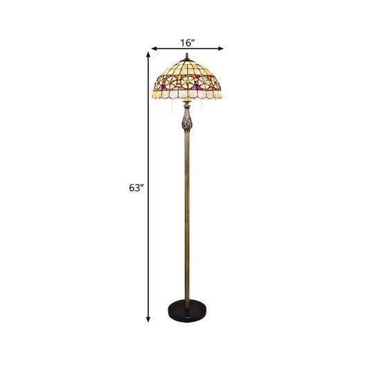 Red Floral Tiffany Shell Scalloped Dome Floor Lamp With 2 Heads