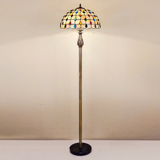 Mediterranean Style Shell Beaded 2-Light White Floor Lamp With Grid Dome Shade