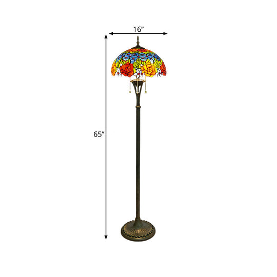 Tiffany Style Glass Floor Lamp With Pull Chain - 3 Bulbs Flower/Grapes Design In Blue/Green Or