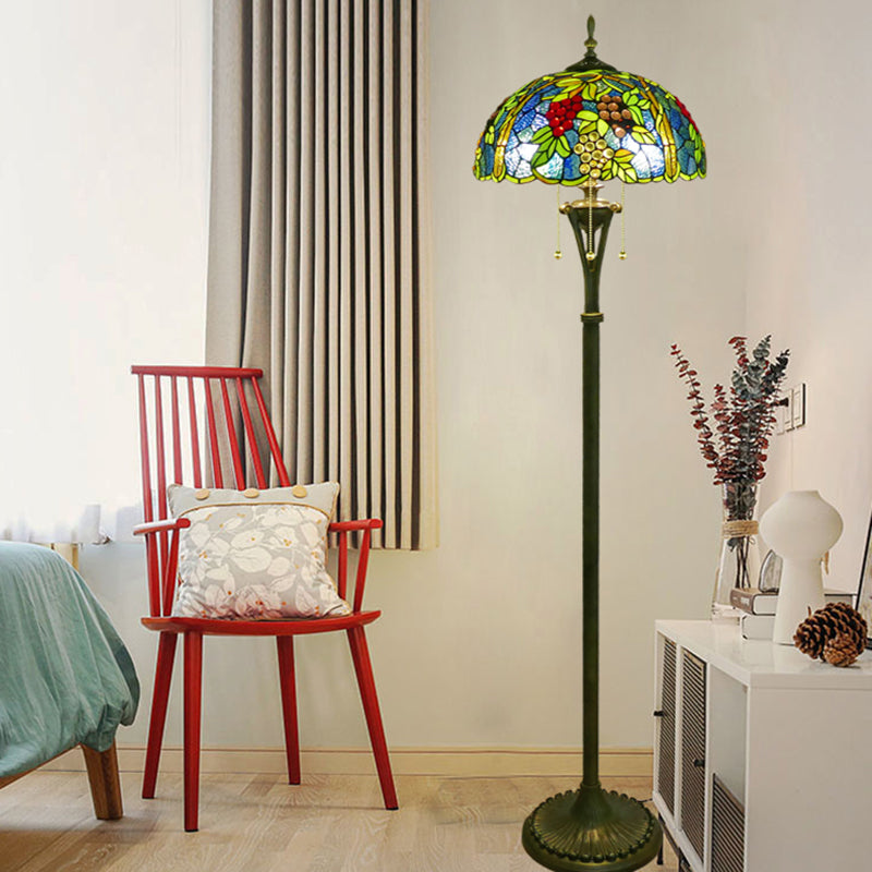 Tiffany Style Glass Floor Lamp With Pull Chain - 3 Bulbs Flower/Grapes Design In Blue/Green Or