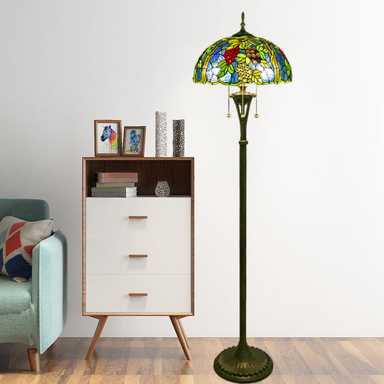 Tiffany Style Glass Floor Lamp With Pull Chain - 3 Bulbs Flower/Grapes Design In Blue/Green Or