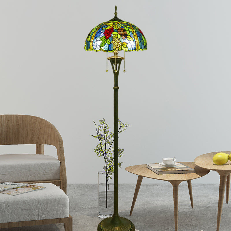 Tiffany Style Glass Floor Lamp With Pull Chain - 3 Bulbs Flower/Grapes Design In Blue/Green Or