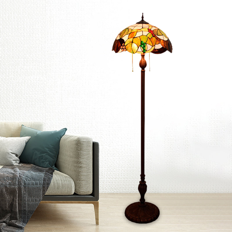 Copper Floor Lamp With Scalloped Cut Glass & Mediterranean Leaf And Grape Pattern - 3 Bulbs