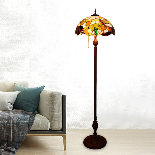 Copper Floor Lamp With Scalloped Cut Glass & Mediterranean Leaf And Grape Pattern - 3 Bulbs
