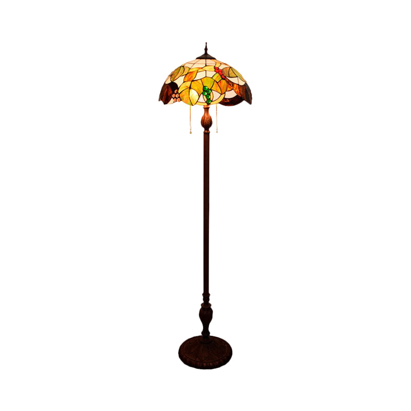Copper Floor Lamp With Scalloped Cut Glass & Mediterranean Leaf And Grape Pattern - 3 Bulbs