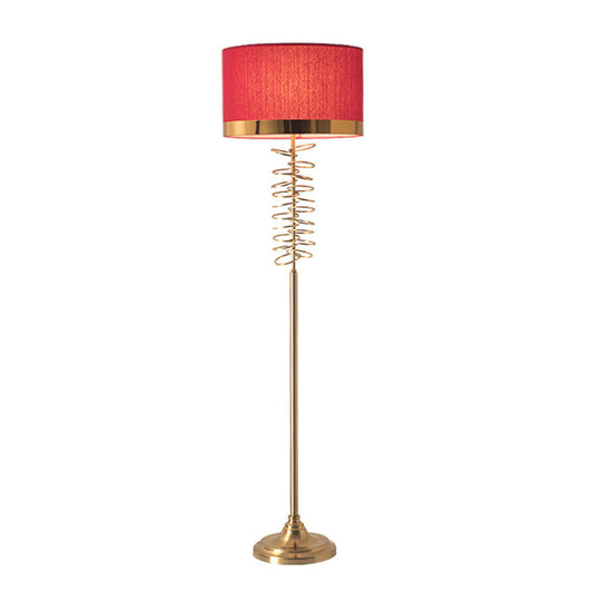 Antique Floor Lamp With White/Red Fabric Drum Shade Single Head And Rings Deco - Ideal For Parlor